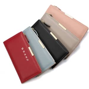 A collection of women's PU leather long wallets in red, blue, black, grey, and pink, featuring a branded logo.