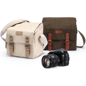 Two vintage camera bags in beige and brown with adjustable straps, accompanied by a camera placed in front.