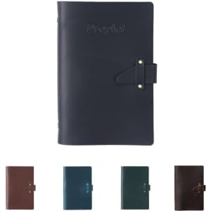 A PU vintage spiral notebook in dark navy, featuring a buckle closure and embossed branding, with other colour options below.