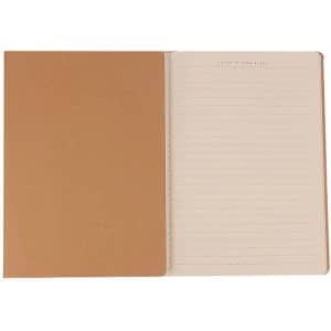 A vintage kraft paper notebook with a brown cover and lined pages inside. It features an interior spine.