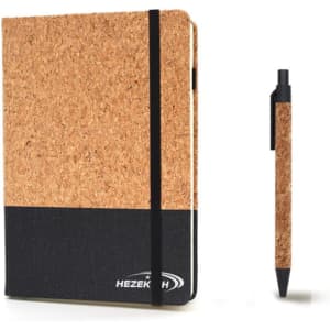 A5 cork notebook with a black bottom section and a matching black pen, featuring a logo on the cover.