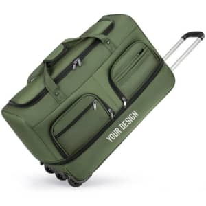 A wheeled travel luggage suitcase in olive green with multiple compartments and a retractable handle.