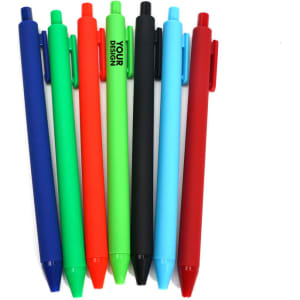 A set of retractable ballpoint pens in blue, green, red, orange, black, and light blue, featuring a logo on one pen.