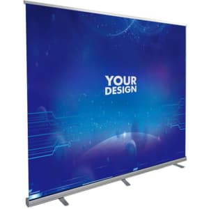 A retractable banner stand with a blue design featuring abstract graphics and a placeholder for custom design.