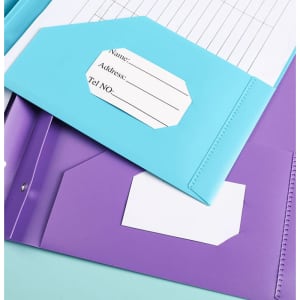 A two-pocket plastic folder in purple and blue, featuring pockets for labels or information.