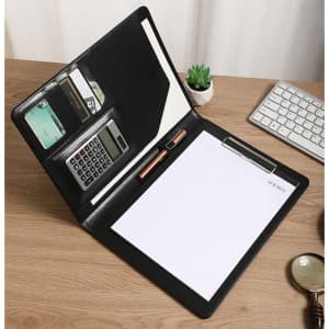 A black multifunctional portfolio folder featuring a calculator, card slots, a clipboard, and a notepad.