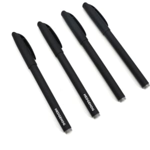A set of four black promotional pens with a streamlined design, featuring a logo on each pen.
