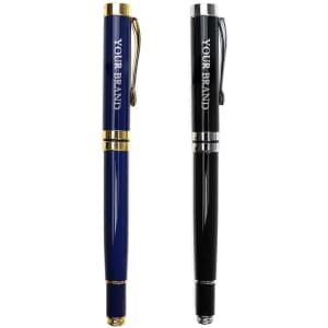 A set of two rollerball pens, one royal blue with gold accents and one black with silver accents, both featuring branding.