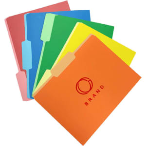 A collection of Manila file folders in red, blue, green, yellow, and orange, featuring a logo on one folder.