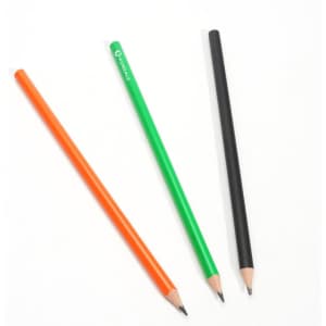 Three pencils are displayed: one orange, one green, and one black, with one featuring a logo.