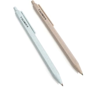 Two mechanical pencils made from wheat straw, one in light blue and the other in beige, both featuring a logo.