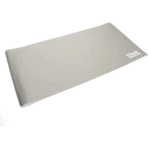 A grey PVC desk mat with a smooth surface and a designated area for custom design or branding.