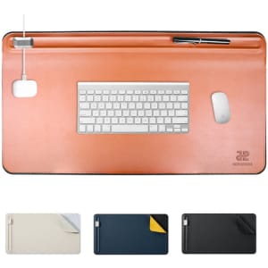 A large orange PVC leather desk mat featuring a magnetic cable holder, keyboard, mouse, and pen, with additional colour options below.