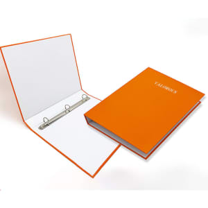 An orange three-ring binder with a white interior and a logo on the cover, partially opened.