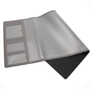 A multifunctional desk pad in grey with transparent pockets, featuring a black underside.