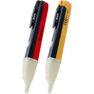 A non-contact voltage detector pen in red and yellow, featuring a clip and a logo on the side.