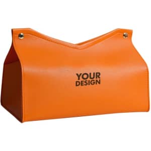 An orange PVC leather tissue box with a sleek design and a logo on the front.