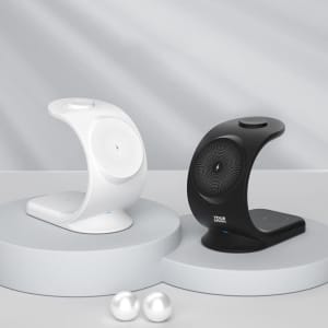 A white and a black 3-in-1 vertical wireless charger on circular bases, with a minimalist design and a logo.