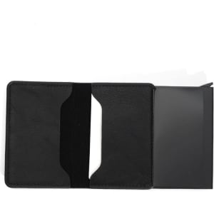 A black RFID business card holder with two slots for cards and a smooth interior. Features a logo on the exterior.