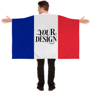 A large flag featuring blue, white, and red sections, displayed by a person with arms outstretched. It includes space for custom design.