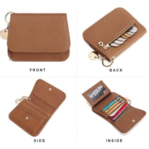 A small brown RFID blocking wallet featuring a front flap, a zippered coin section, and multiple card slots inside.