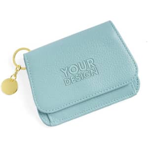 A light blue RFID blocking wallet with a keyring and embossed design, featuring a simple and sleek exterior.