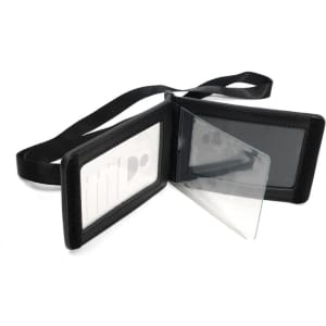 A black leather ID card holder with lanyard, featuring two transparent pockets for cards or badges.
