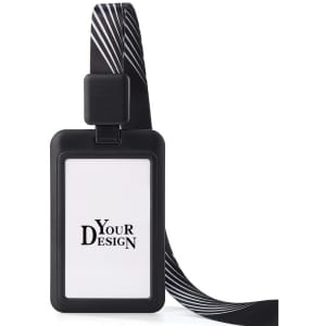 A black ID card holder with a lanyard featuring a striped design, suitable for exhibitions and events.