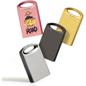 A set of four metal USB flash drives in pink, gold, black, and silver, featuring a design on the pink drive.