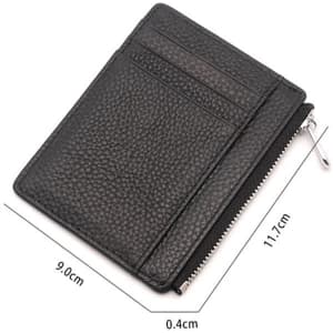 A black mini leather zipper card wallet featuring multiple card slots and a zippered compartment for coins.