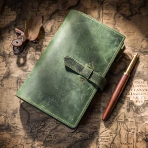 A green vintage spiral travel notebook binder with a pen beside it, resting on an old map background.