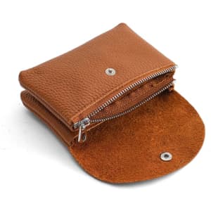 A small leather coin purse in tan, featuring a zippered compartment and a snap closure.