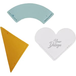 A set of three PU leather bookmarks in blue, yellow, and white shapes, featuring a logo on the white bookmark.