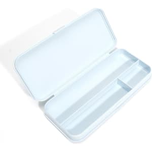 A rectangular plastic pencil box in light blue, featuring compartments for organising stationery.