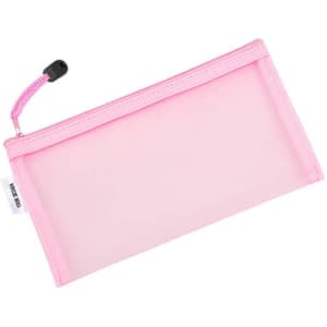 A pink clear mesh zipper file pouch with a contrasting zipper pull, featuring a logo.