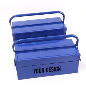 A double-layer blue iron toolbox featuring handles, suitable for storing tools. It has space for custom designs.