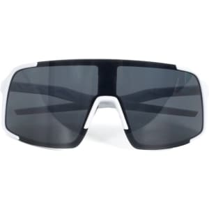 A pair of polarized UV protection sunglasses with a black lens and white frame. Features a logo on the side.
