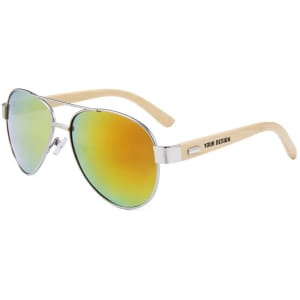 Classic bamboo temples sunglasses featuring a silver frame and gradient green-yellow lenses. The product has a logo on the side.