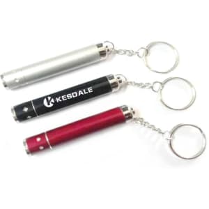 Three mini flashlights in silver, black, and red, each featuring a keyring attachment and a logo.