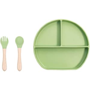 A green silicone baby feeding set featuring a divided plate and wooden-handled spoon and fork.
