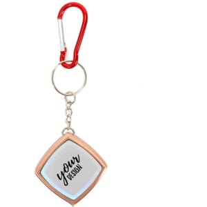A mini keychain tape measure with a silver body and a red carabiner. It features a customizable design area.