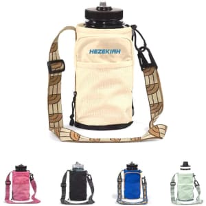 A drink bottle carrier bag in cream, featuring a phone pocket and a patterned strap, available in multiple colours.