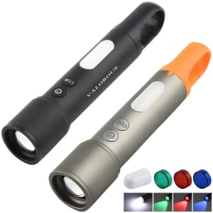 A set of rechargeable colour-changing LED flashlights in black and silver, featuring a logo and multiple colour options.
