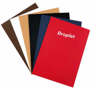 A set of A4 cardboard file folders in red, black, brown, blue, and light brown, featuring a logo on one folder.