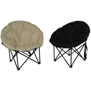 Two outdoor folding camping moon chairs, one in beige and the other in black, featuring a sturdy black frame.