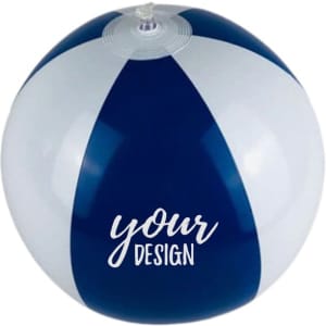 A 12-inch inflatable beach ball in blue and white with a design area. It features a valve for inflation.