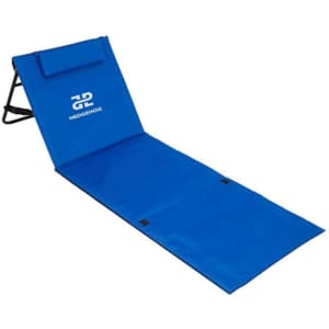 A blue folding beach lounger mat with a headrest and an attached logo on the side.