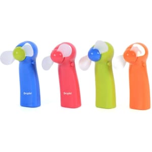 A set of four mini electric fans in blue, pink, green, and orange, with a small globe at the top and a logo.