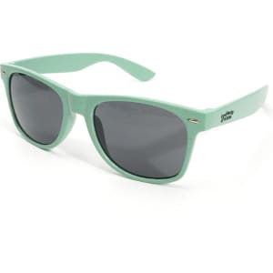 Wheat straw sunglasses in mint green with dark lenses and a logo on the side.
