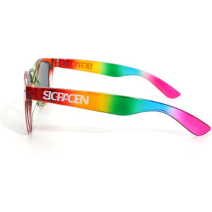 Classic rainbow sunglasses with a gradient design featuring green, yellow, and pink arms. The frame has a logo on the side.